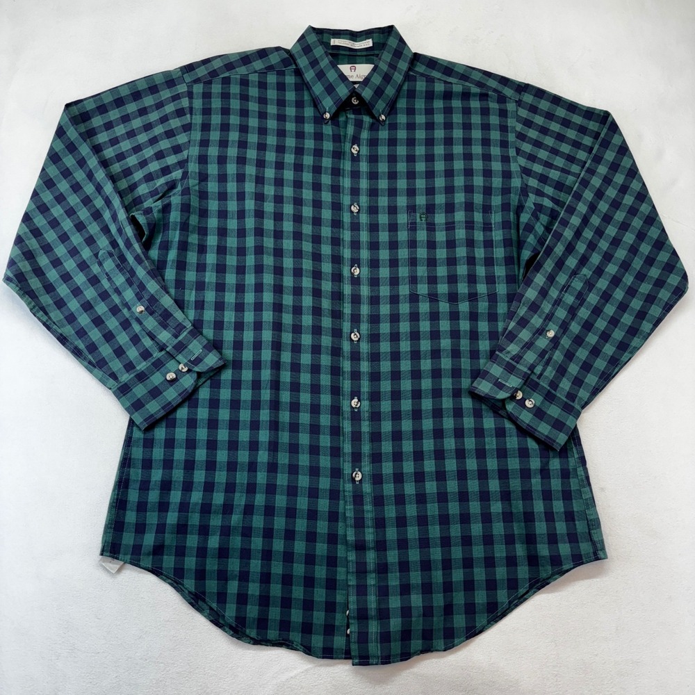 Etienne Aigner Button‎ Down Shirt Mens 16 32/33 Green Navy Buffalo Check Plaid